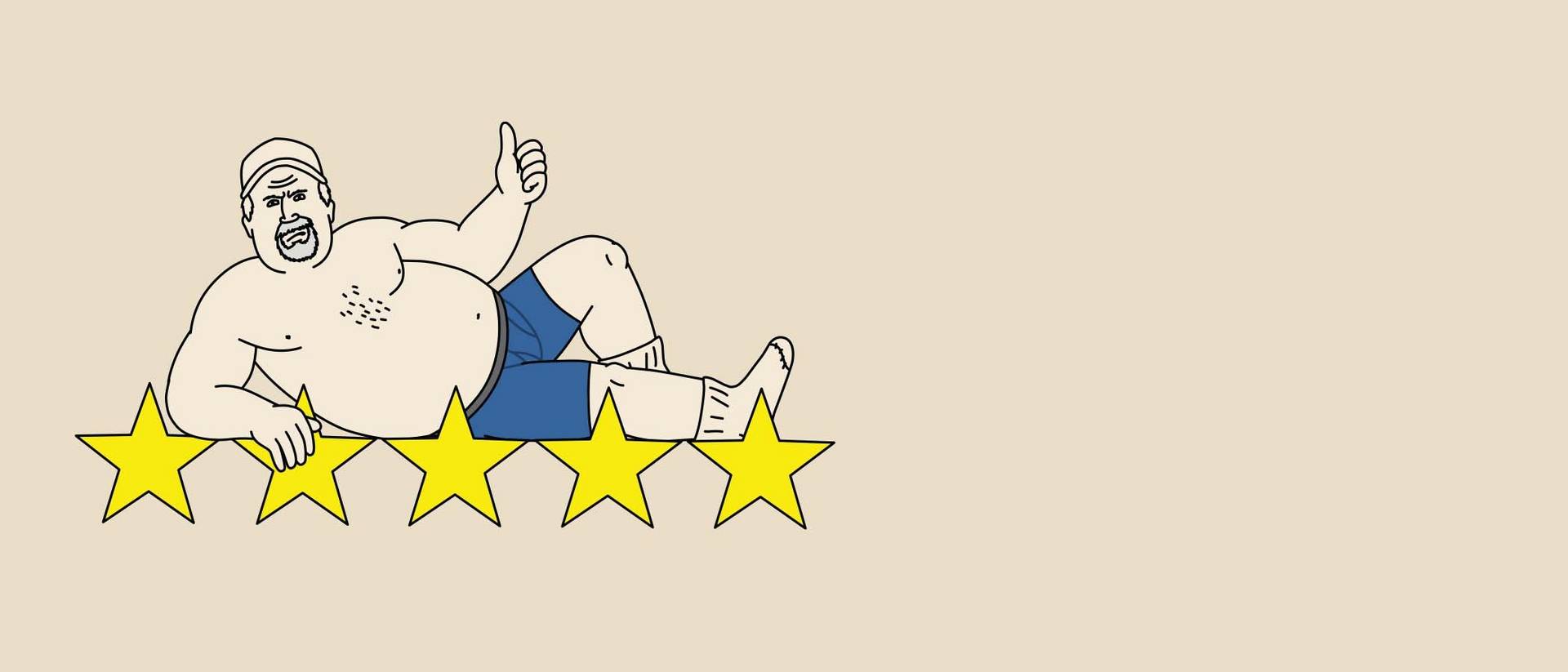 humorous illustration of the Buck character reclining on a line of five stars