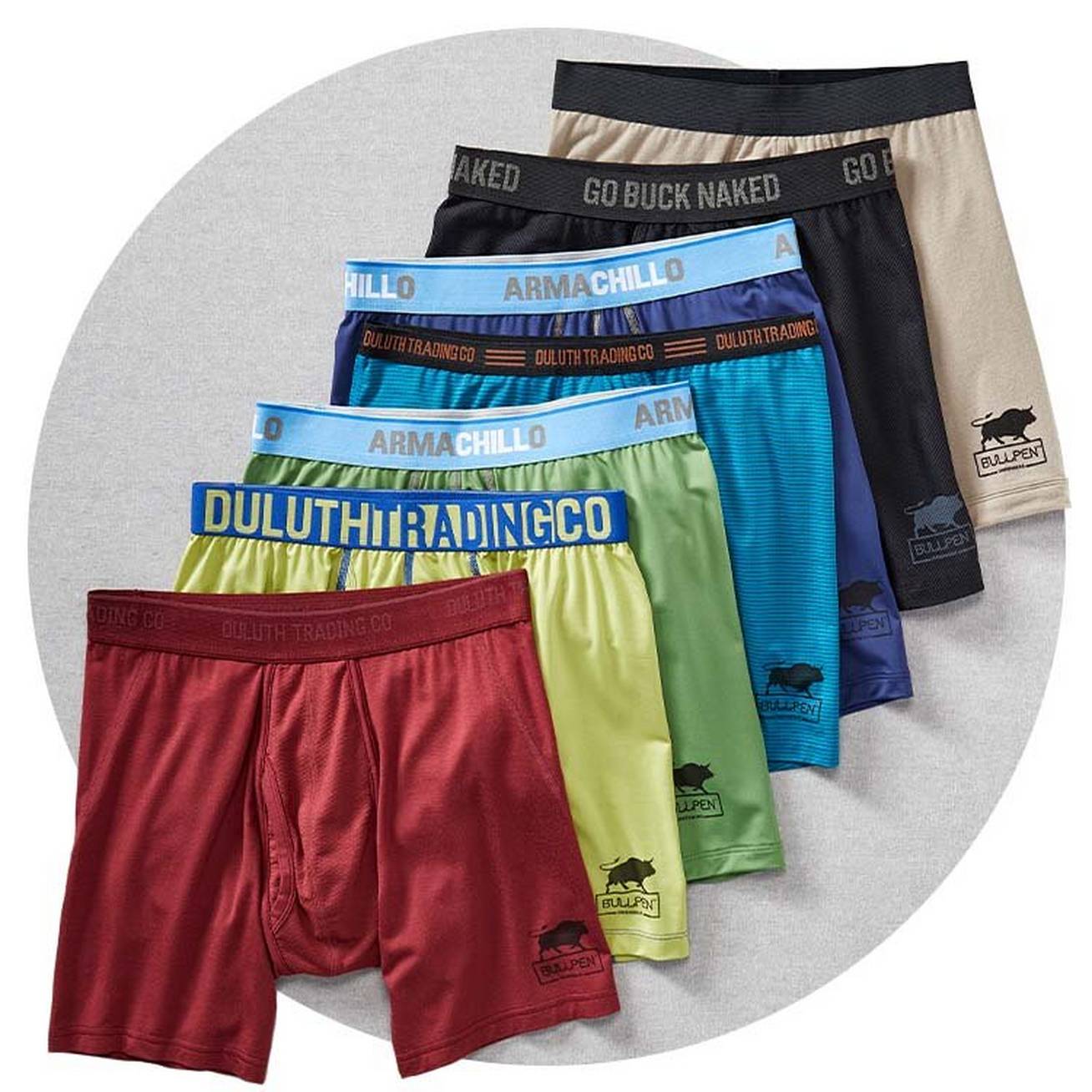 seven pairs of men's bullpen underwear in different colors and fabrications