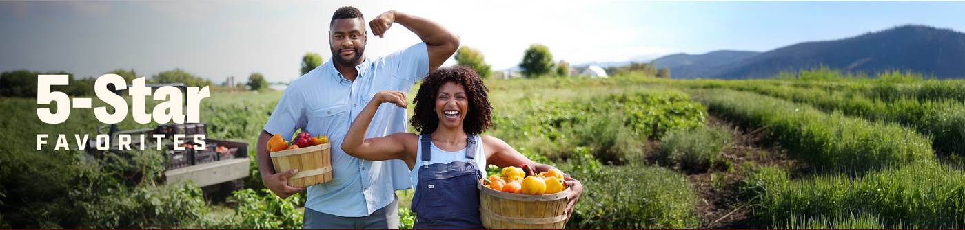 Headline: Five Star Favorites. Man and woman holding baskets of produce.