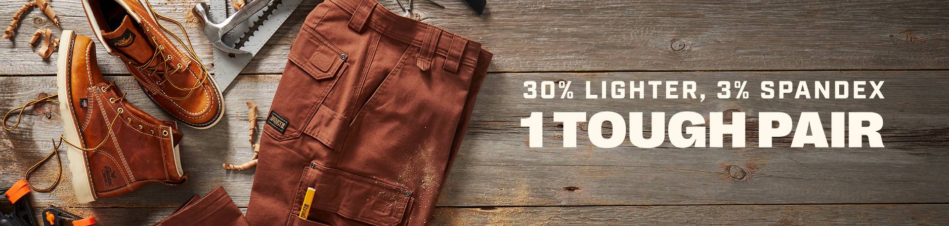 Headline: 30% Lighter, 3% Spandex, 1 Tough Pair.