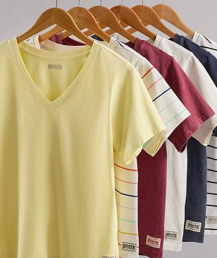 Women's v-neck t-shirts on hangers.
