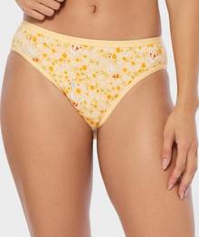 Woman wearing yellow hi-cut underwear.