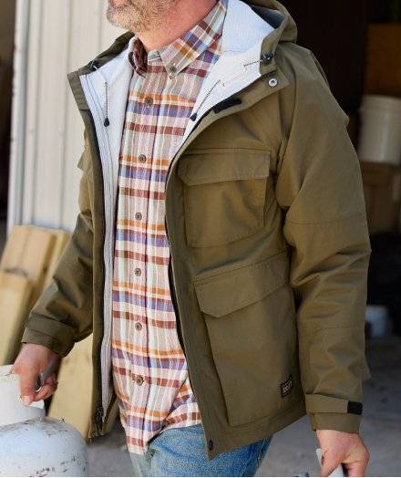 Man wearing an olive green jacket.