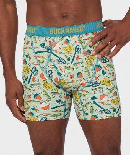 Man wearing fishing patterned boxer briefs.