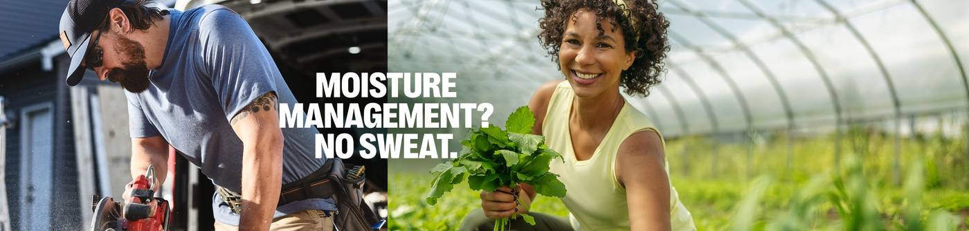 Headline: Moisture management? No sweat. A man pulling a canoe out of a lake and a woman picking radishes in a greenhouse