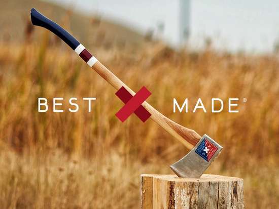 best made logo over an image of an axe sticking out of a log