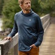 Man wearing navy hooded sweatshirt.