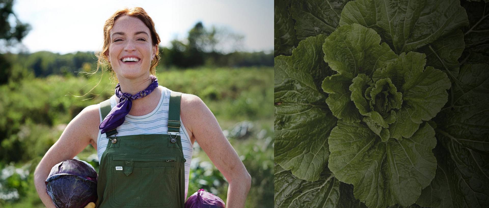 Woman wearing olive green overalls, standing in garden.