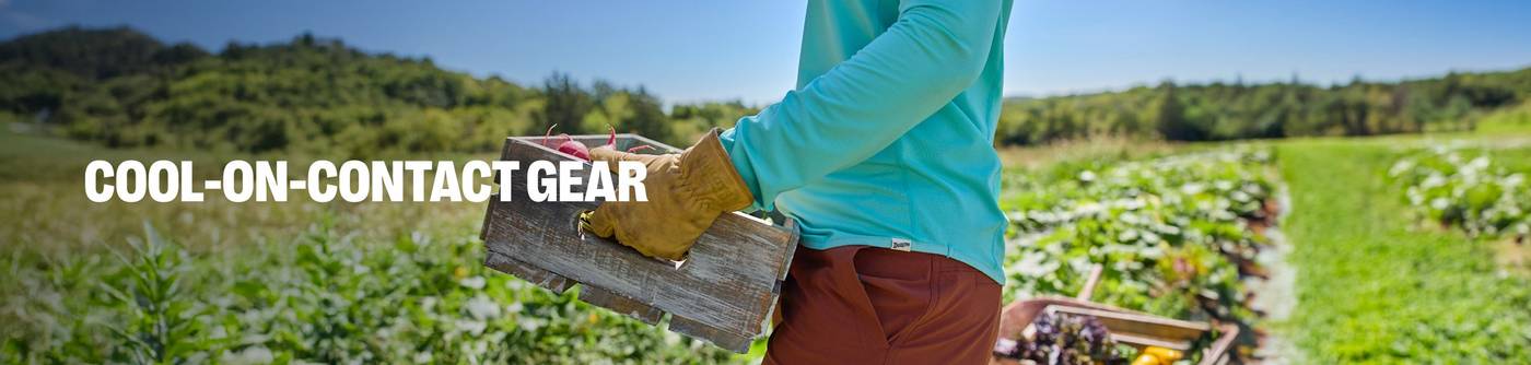Headline: Cool-On-Contact Gear. A person wearing a blue work shirt in a field.