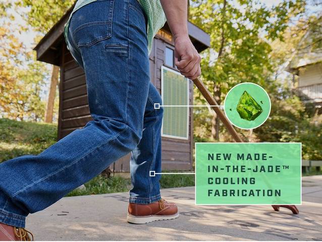 A man lunging in blue jeans with callouts reading New Made-in-the-Jade Cooling Fabrication