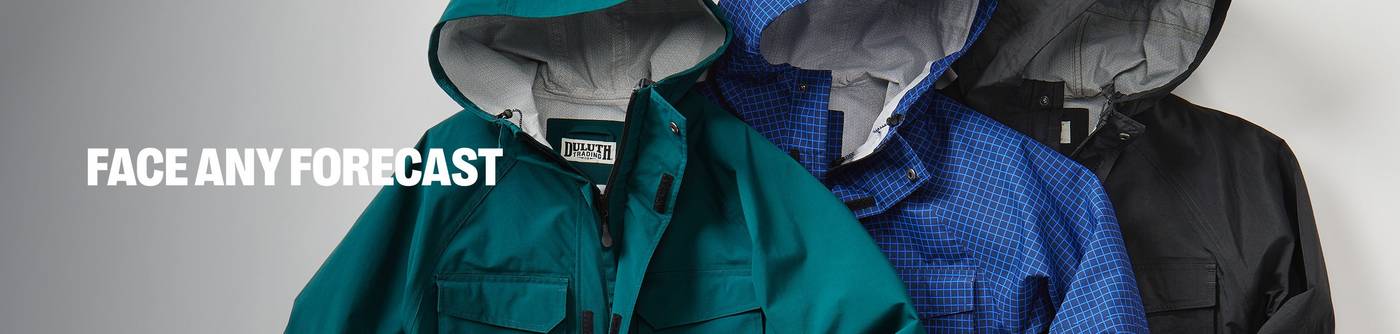 Headline: Face Any Forecast. Green, blue, and black rain jackets