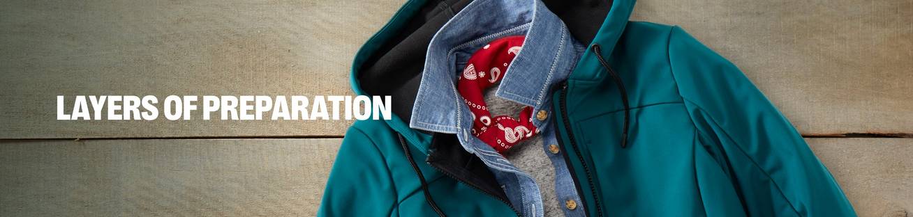 Headline: Layers of Preparation. A teal rain jacket.