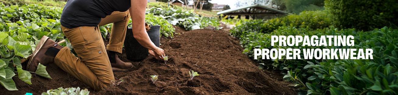 Headline: Propagating Proper Workwear. A women kneeling in a garden