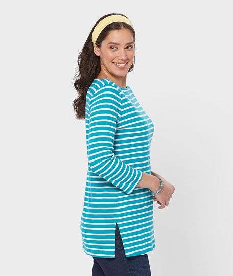 A teal blue striped women's tunic shirt.