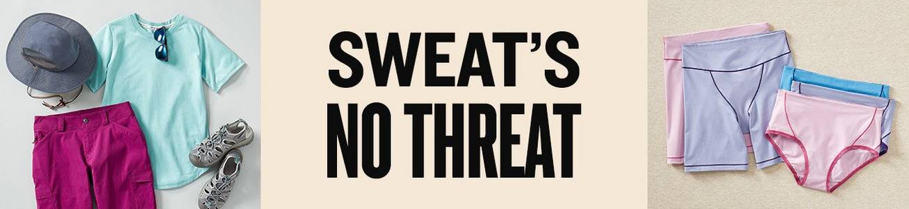 sweat's no threat, photo of dry on the fly shorts and t-shirt along with a hat and sandals