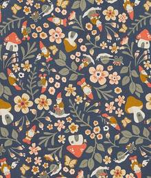 A pattern of gnomes and flowers on a blue background