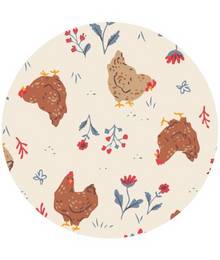 A pattern of chickens and flowers on a cream colored backgrounds