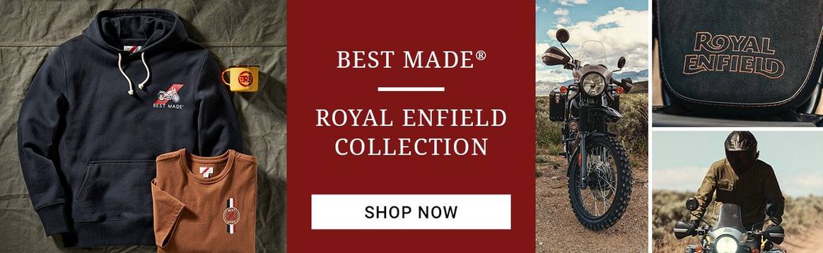 Best Made and Royal Enfield collection. A collage of images showing a branded black hooded sweatshirt, brown t-shirt, and yellow enamelware mug