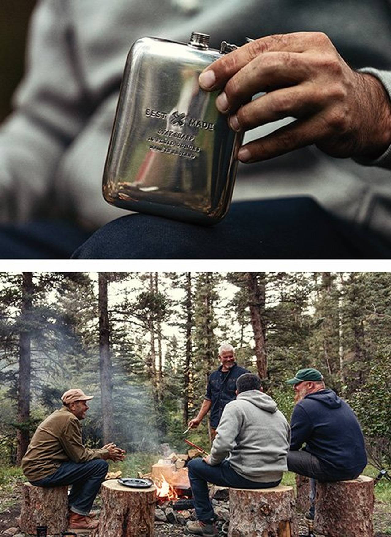 A close up shot of a Best Made flask. A group of men sit around a campfire on stumps. 