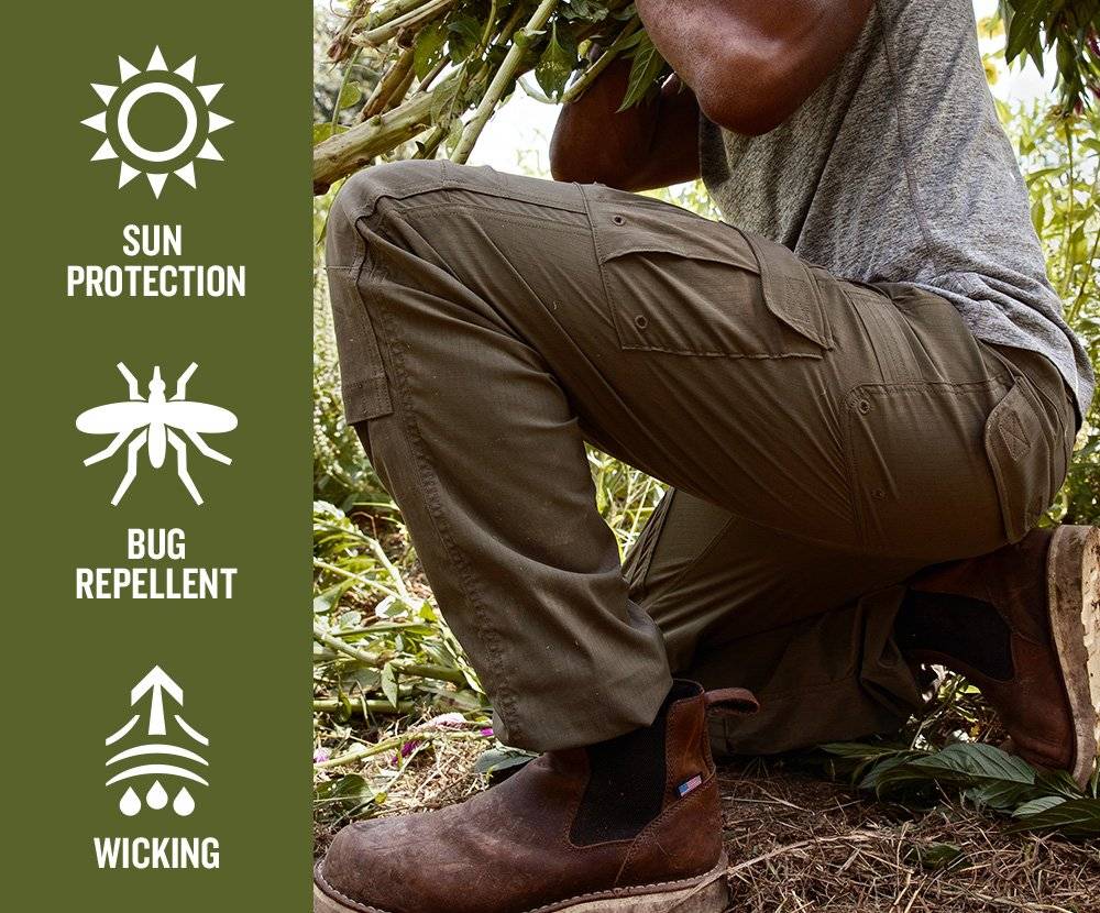 A man in green no fly zone pants kneels in the garden. The icons for sun protection, bug repellent and wicking are next to him on a green background.