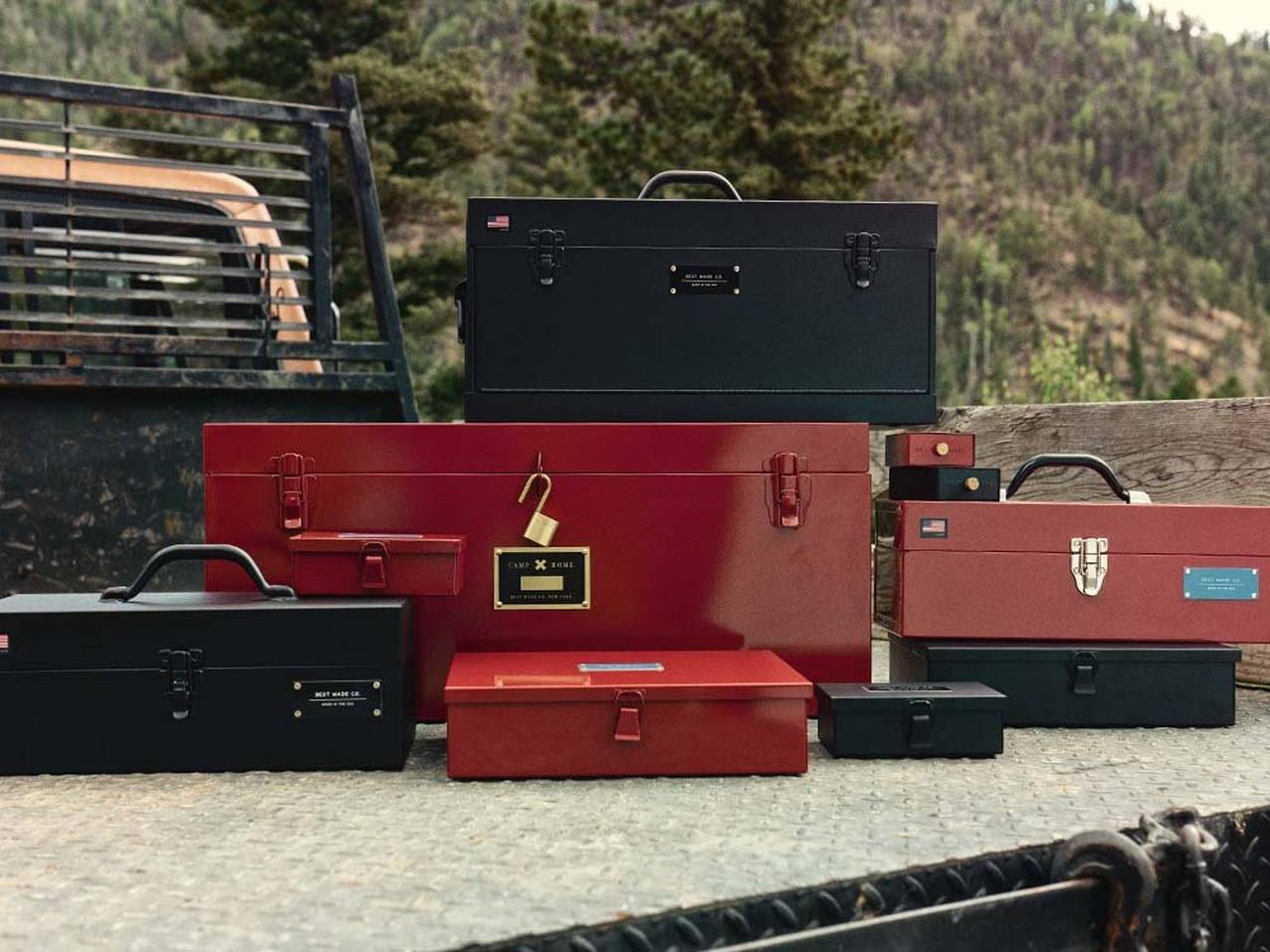 an array of best made steel toolboxes in various sizes, sitting on truck bed