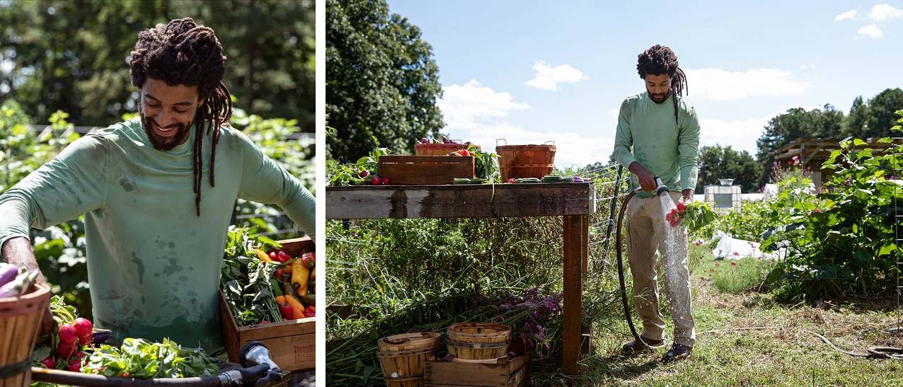 mark washes freshly harvested vegetables at an outdoor gardening bench