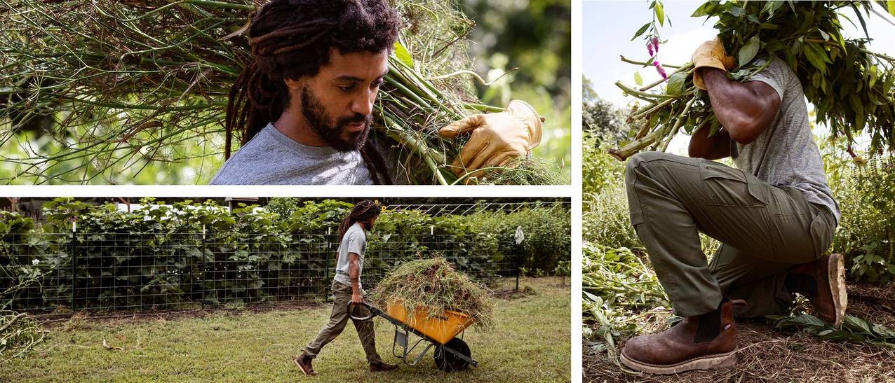 a collage of images showing mark hauling brush