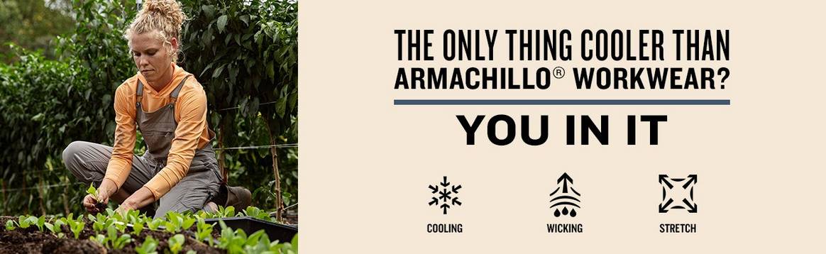 A woman in a long-sleeved orange shirt under gray overalls works in the garden. The only cooler than armachillo workwear? You in it. The feature icons include cooling, wicking, and stretch
