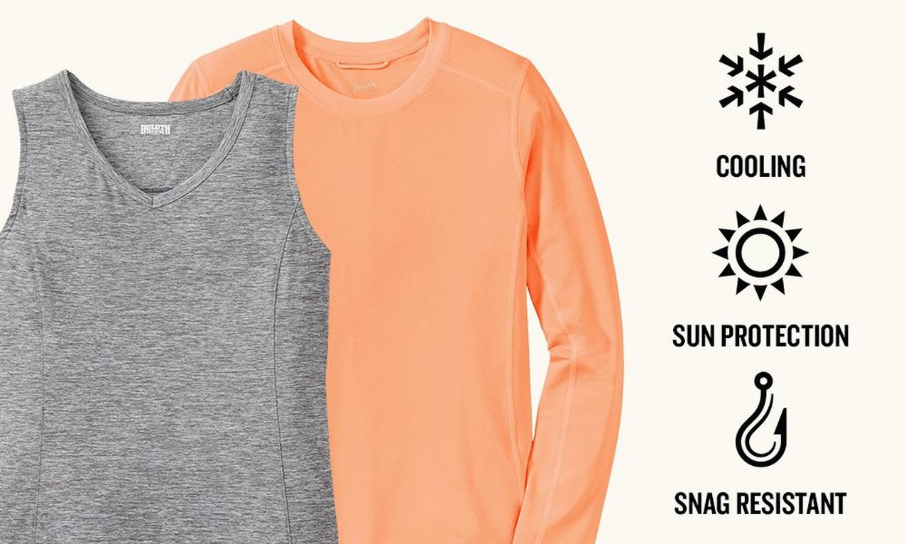 A gray armachillo tank top and an orange sunperior long sleeved shirt on a cream background. Next to them are the icons for cooling, sun protection, and snag resistant.