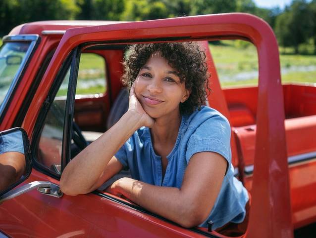 Woman in blue shirt leaning against red truck.