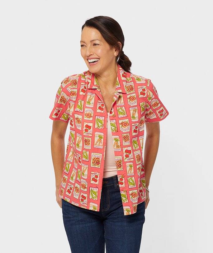A patterned short sleeve button-down shirt.