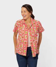 A patterned short sleeve button-down shirt.