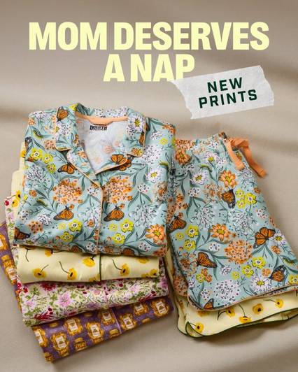 Headline: Mom Deserves a Nap. Patterned women's pajamas.