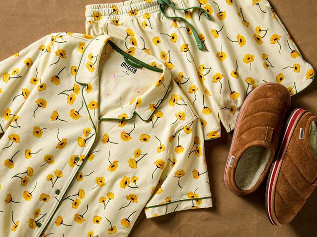 Women's floral pajama set and slippers.