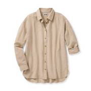 Tan button-down shirt.