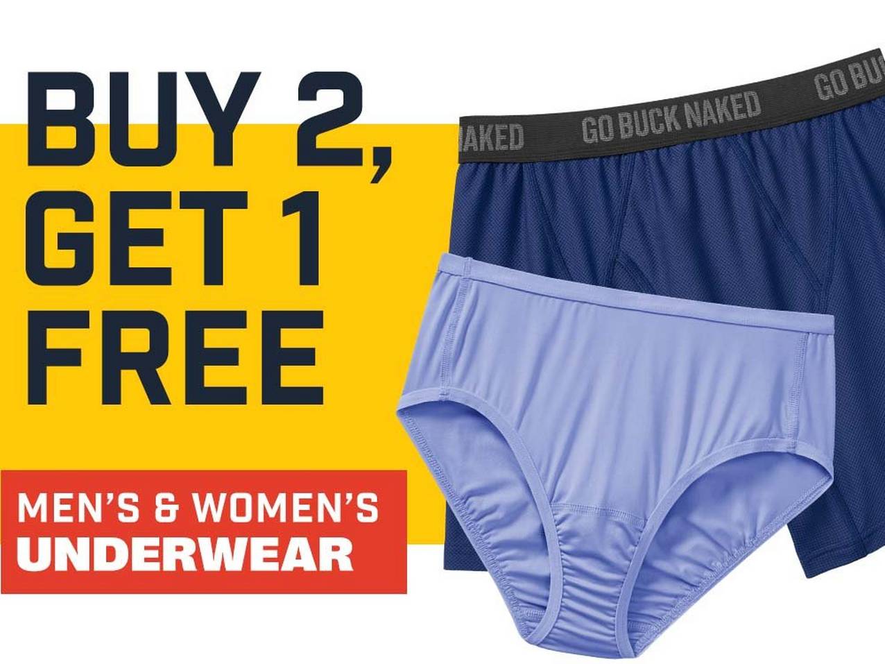 buy two get one free, men's and women's underwear