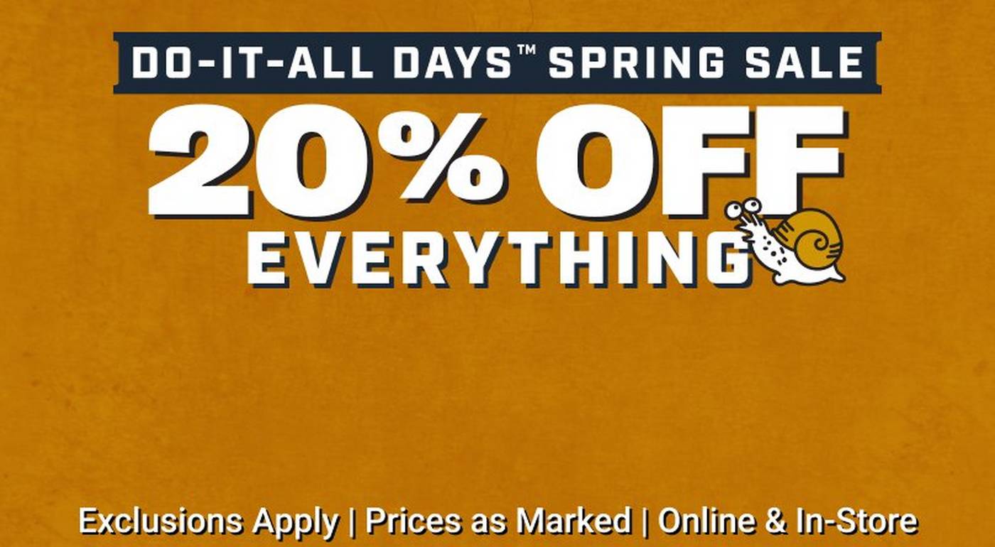 Headline: 20% OFF Everything. Exclusions Apply. Prices as Marked. Online & In-Stores.