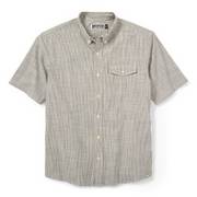 Tan button-down short sleeve shirt.