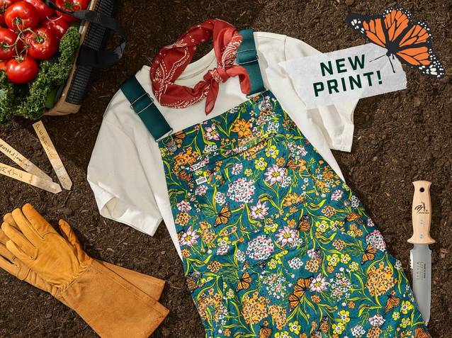 Women's monarch butterfly patterned overalls.