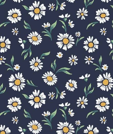 A pattern of daisies on a navy blue background