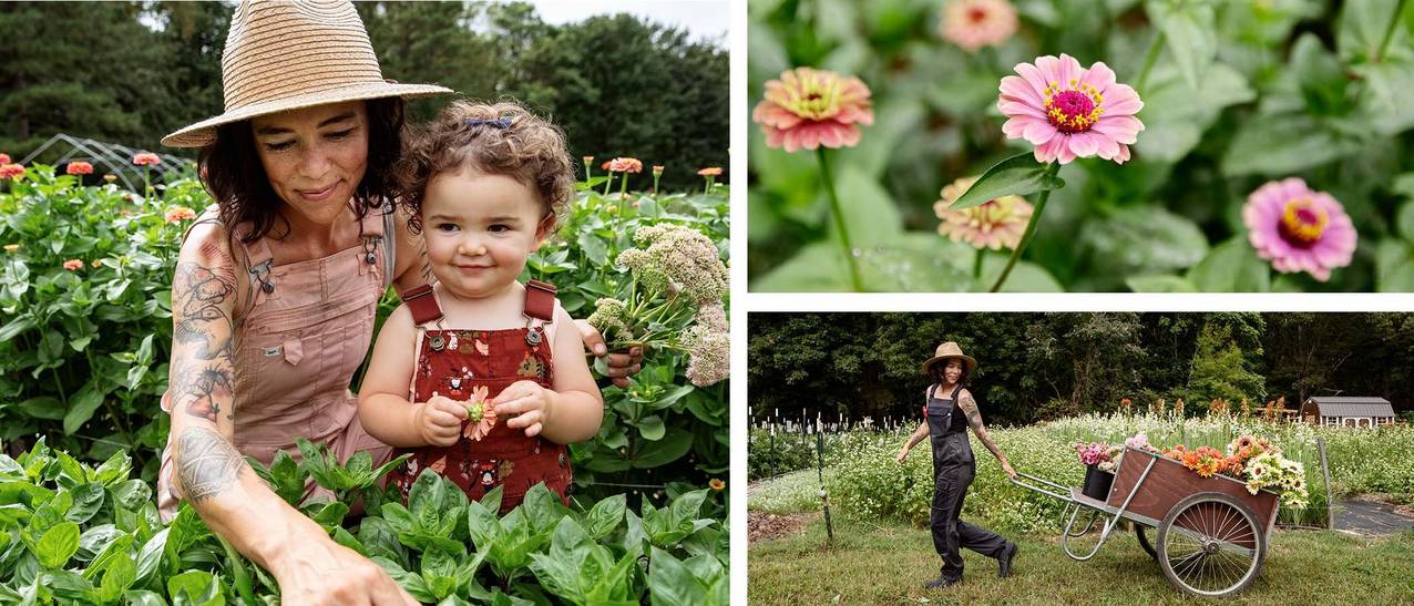 collage of images of ash and her daughter in their flower garden