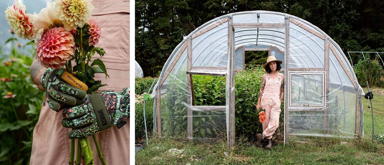ash stands in the doorway of her greenhouse full of live flowers