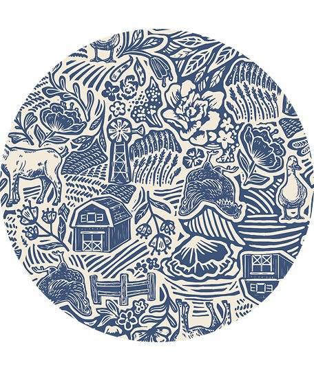 Blue garden toile pattern with farm animals
