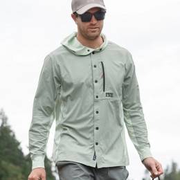 Man wearing hooded button-down shirt.