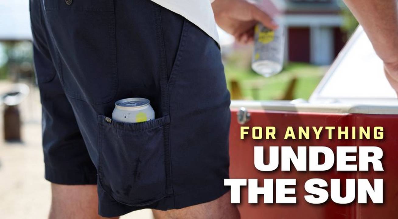 Man wearing shorts with beer in pocket. Headline: For Anything Under the Sun.