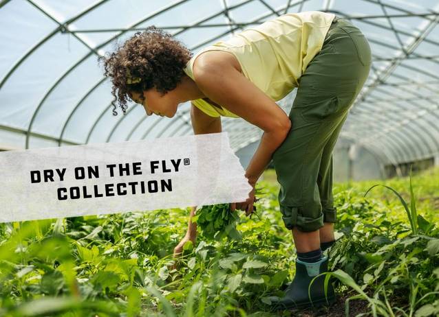 Woman wearing yellow tank top and green capri pants, working in greenhouse.