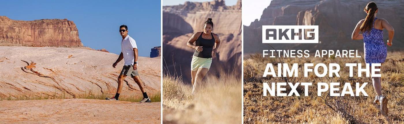 Heading: AKHG® Fitness Apparel, Aim for the Next Peak.