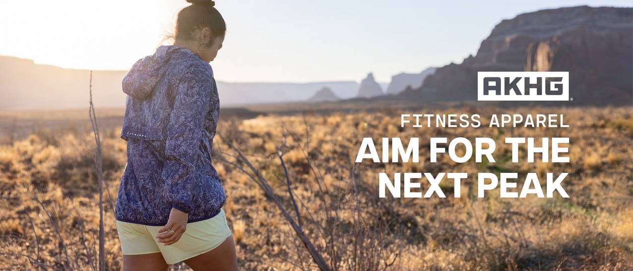 Heading: AKHG® Fitness Apparel, Aim for the Next Peak.