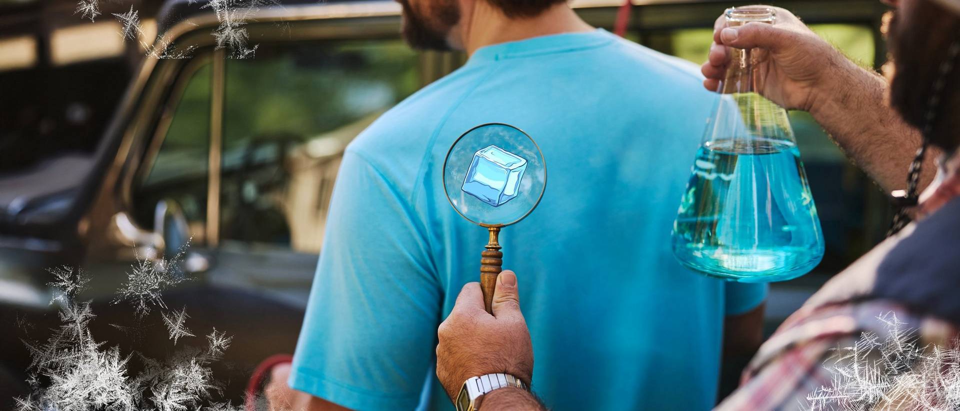 Man holding beaker and magnifying glass near blue shirt.