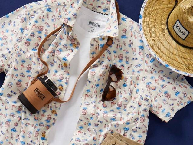 Men's button up shirt, sunglasses, sun hat and drink holder lanyard.